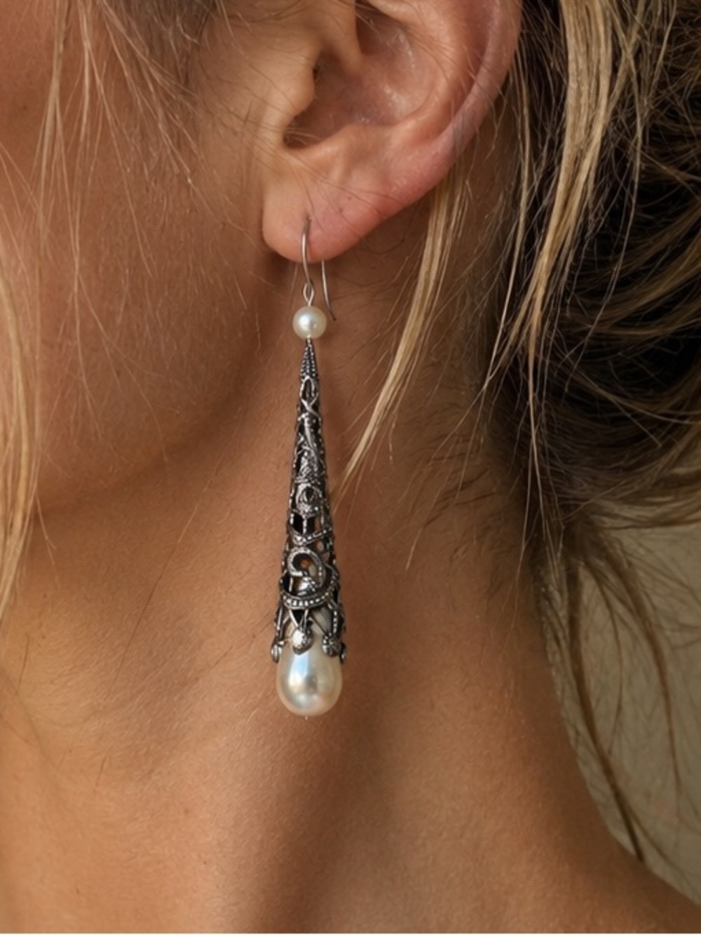 Vintage Sterling Silver Filigree Pearl Drop Dangle Earrings 925 Art Deco